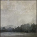 Landed canvas painting wall art of a lake at dusk with a dark treeline, dark brown L-frame