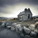 Serene large stretched canvas wall art of a stone cottage in rugged landscape, 180 x 110cm