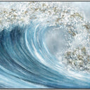 Sparkle canvas wall art of a breaking teal wave with silver foil, silver L-frame
