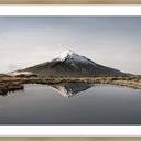 Echo framed wall art of Mount Taranaki reflected in still water, oak colour frame