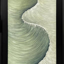 Viridescent textured wooden wall art, pale green carved form on a black backing board