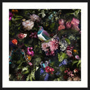 Secret Garden framed wall art with dark florals and a New Zealand wood pigeon, white matt and black frame