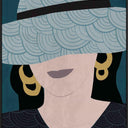 Mode II canvas wall art, Deco style fashion illustration of a woman in a blue hat with gold hoops