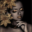 Aurum canvas wall art portrait with gold foil headpiece against a dark ground, black frame