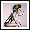 Butterfly Babe framed wall art fashion portrait with butterflies and flowers on a pink ground, black frame