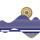 Ra canvas wall art with gold leaf disc above navy banded wave pattern