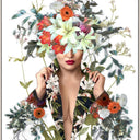 Nicolette canvas wall art, floral collage portrait in reds and greens, champagne L-frame