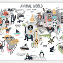 Animal World childrens canvas wall art, illustrated world map made of animals in a white textured frame