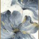 Etre Fleur Bleue canvas wall art of a blue iris with gold foil embellishment in a gold L-frame
