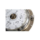 Polished nickel porthole barometer for tracking air pressure, 28cm diameter and 6cm deep