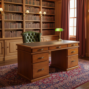 A polished wooden writing desk with drawers and a dark wood top sits on a patterned area rug in a classic library setting. A green tufted leather chair is positioned behind the desk, which also has a green lamp on top.