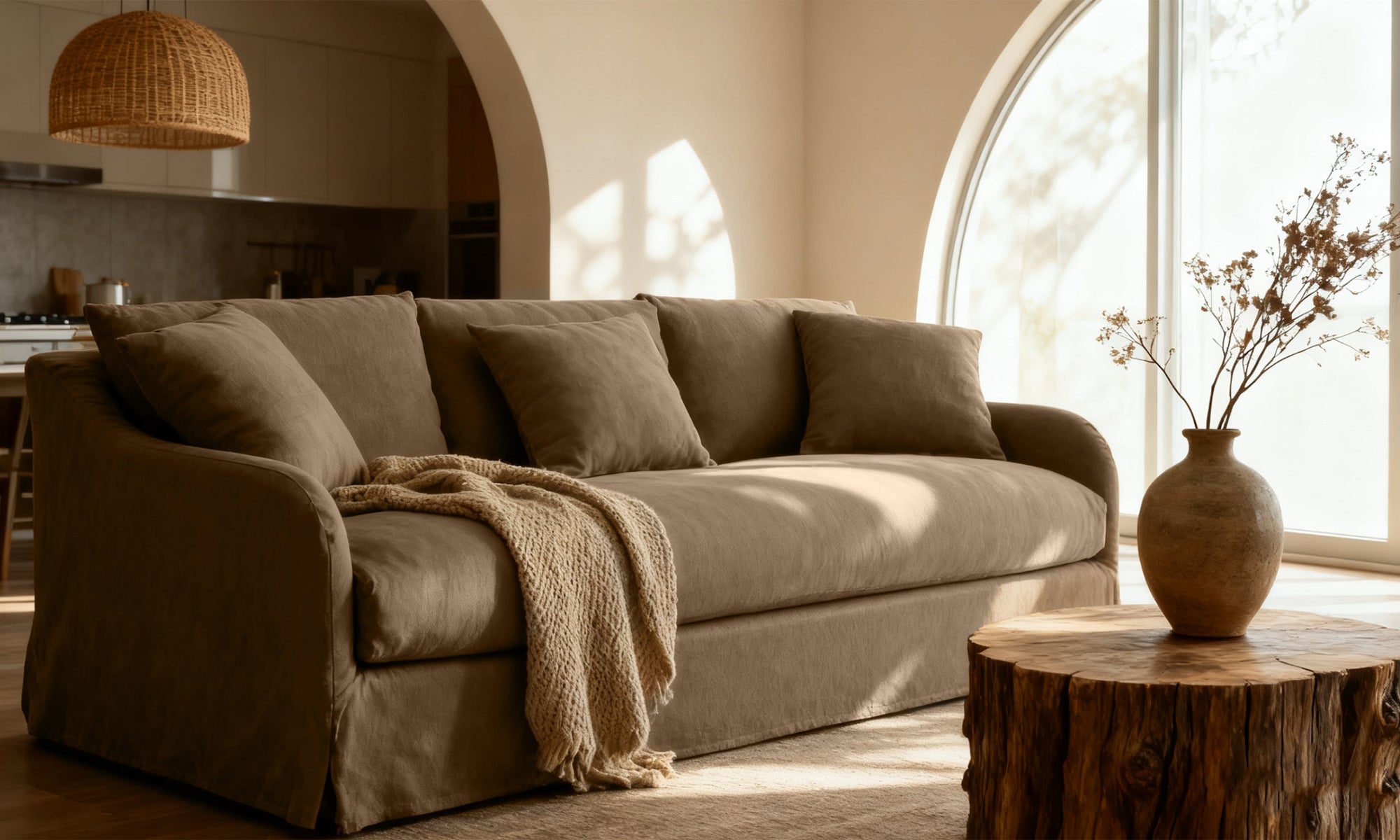 Provincial Slipcover 3-Seater Sofa: French Linen - Mocha at Online8 Furniture Auckland NZ