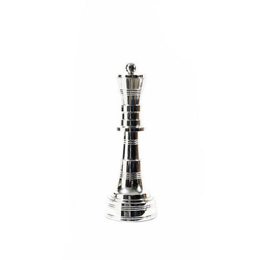 Queen Chess Ornament in polished nickel aluminium, an oversized sculptural queen standing 31cm