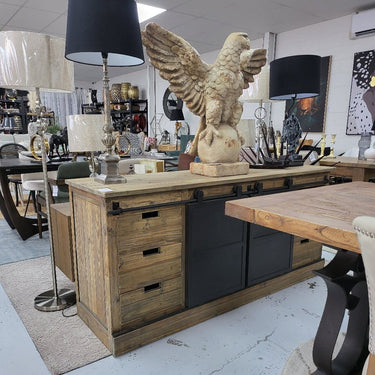 Railway Farmhouse Buffet Table with Metal Sliding Doors at online8 furniture store Auckland