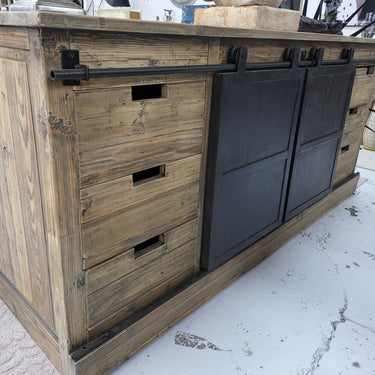 Railway Farmhouse Buffet Table with Metal Sliding Doors at online8 furniture store Auckland