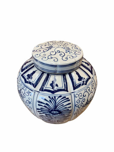 Ribbed Blue & White Pot With Lid at online8 furniture store Auckland