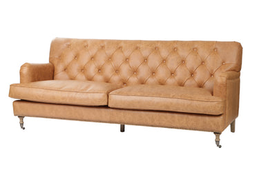 Rutherford Distressed Leather 3 Seater Sofa, 200 x 84 x 84cm on solid oak brass-castor legs