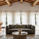 Seattle Curved Sofa in Seed Pearl with plush seat and back cushions and throw pillows