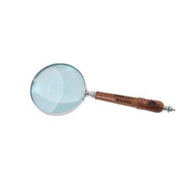 Sherlock Holmes Magnifier (10cm) with a nickel-toned aluminium frame and natural wooden handle