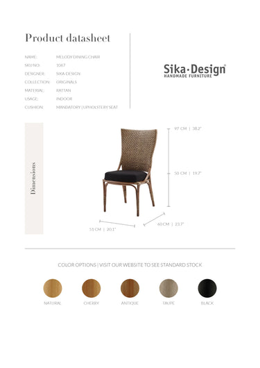 SIKA Originals Melody Rattan Side Chair w/Black Seat Cushion - Taupe at Online8 Furniture Auckland NZ