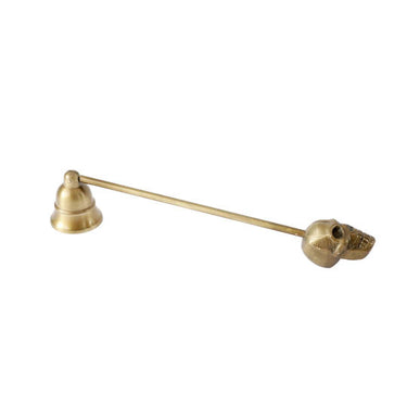 Skull Candle Snuffer in a warm brass finish, a 27cm aluminium candle snuffer with a skull design