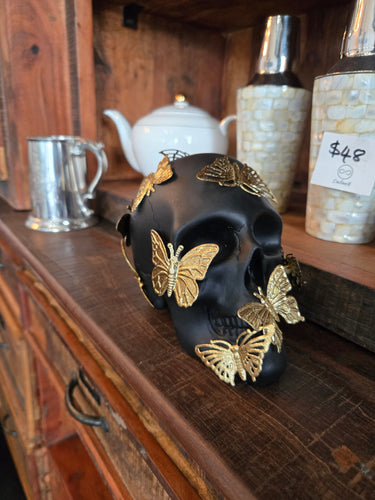 Skull with Metal Butterflies at online8 furniture store Auckland