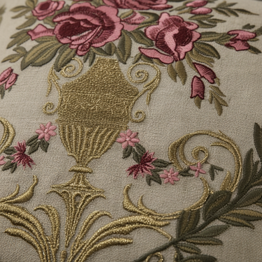 Hand Embroidered Cushion Cover - Pink & Gold Chambray