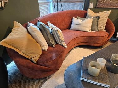 The Jane Adore Curved Sofa - Hazel & Antique Brass at Online8 Furniture Auckland NZ
