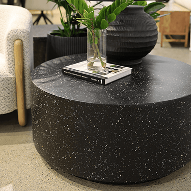 Theo Round Coffee Table - Black Fleck at online8 furniture store Auckland