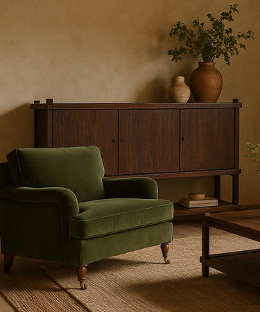 Thornfield 1.5 Seater Armchair - Olive Velvet at Online8 Furniture Auckland NZ