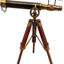 Victorian London 1915 Brass Double-Barrel Telescope on a table-top tripod stand in antique brass
