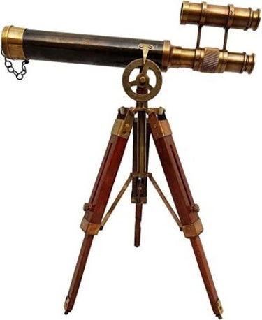 Victorian London 1915 Brass Double-Barrel Telescope on a table-top tripod stand in antique brass