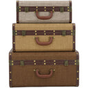 Vintage Trunk Set of 3 stacked, in grey, tan and brown woven finishes with strap detailing