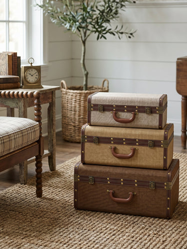 Vintage Trunk Set of 3 stacked beside a chair in a farmhouse living room
