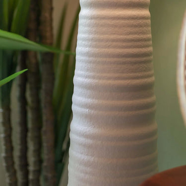 White Ceramic Floor Lamp with Natural Linen Shade at Online8 Furniture Auckland NZ