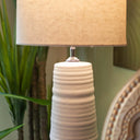 White Ceramic Floor Lamp with Natural Linen Shade at Online8 Furniture Auckland NZ