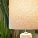 White Ceramic Floor Lamp with Natural Linen Shade at Online8 Furniture Auckland NZ