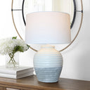 White/Grey Terracotta Lamp with White Cotton Shade at online8 furniture store Auckland