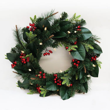 Wreath Magnolia/Berry with Lights 60cm at online8 furniture store Auckland