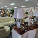 Zebra Print Table Lamp with White Shade at online8 furniture store Auckland