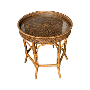 Rattan Colonial Round Side Table With Glass Insert