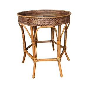 Rattan Colonial Round Side Table With Glass Insert