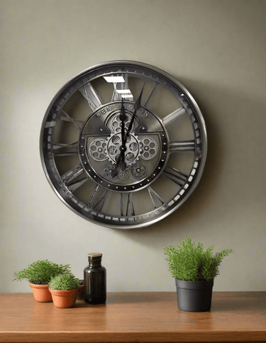 Antique Silver Wall Clock with Gears at online8 furniture store Auckland