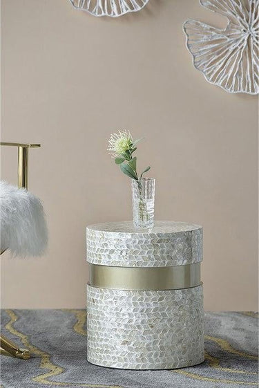 Capiz Tan & Gold Side Table | Pedestal Stool at online8 furniture store Auckland