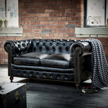 Oxford Chesterfield Aged Leather 2 Seater Sofa - Belon Black at online8 furniture store Auckland